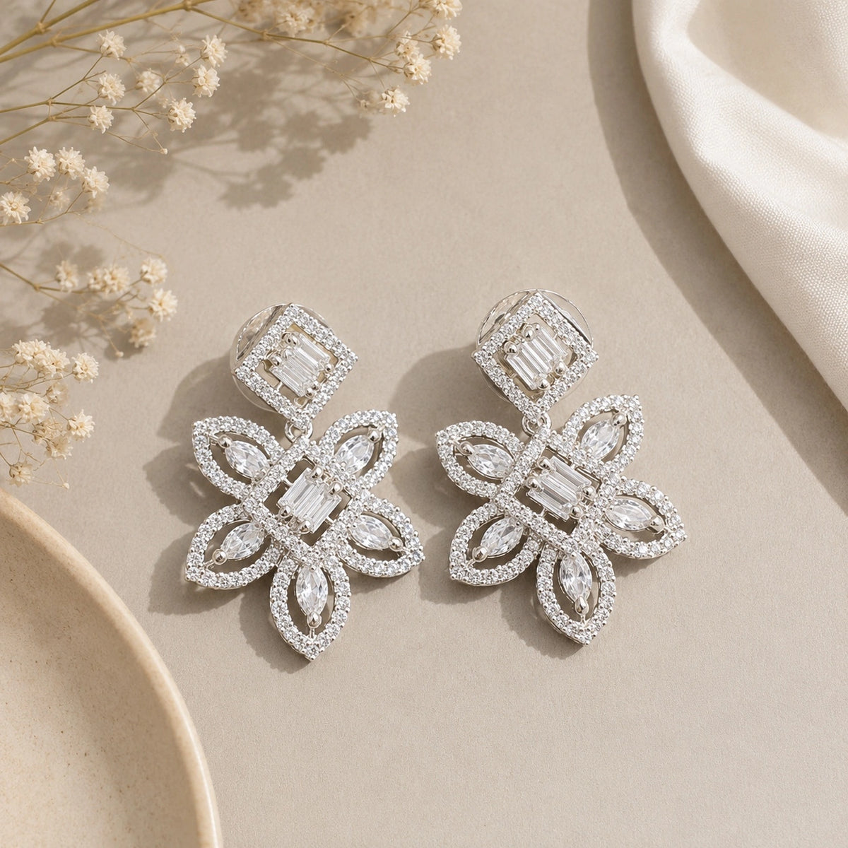 American Diamond Princess Leaf Stud Earrings