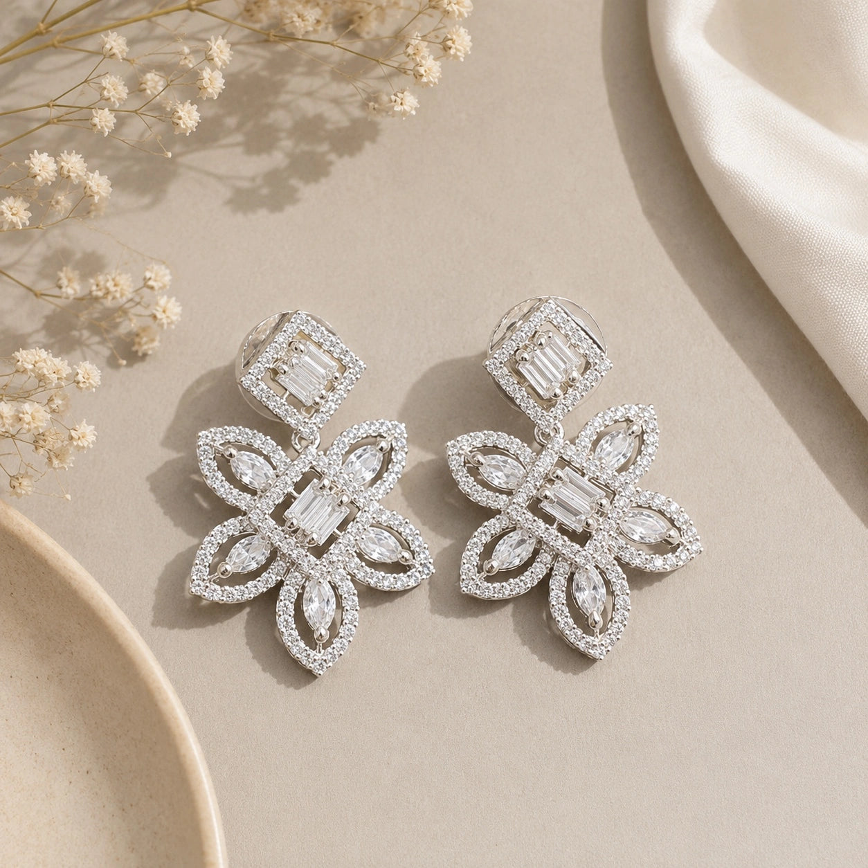 American Diamond Princess Leaf Stud Earrings