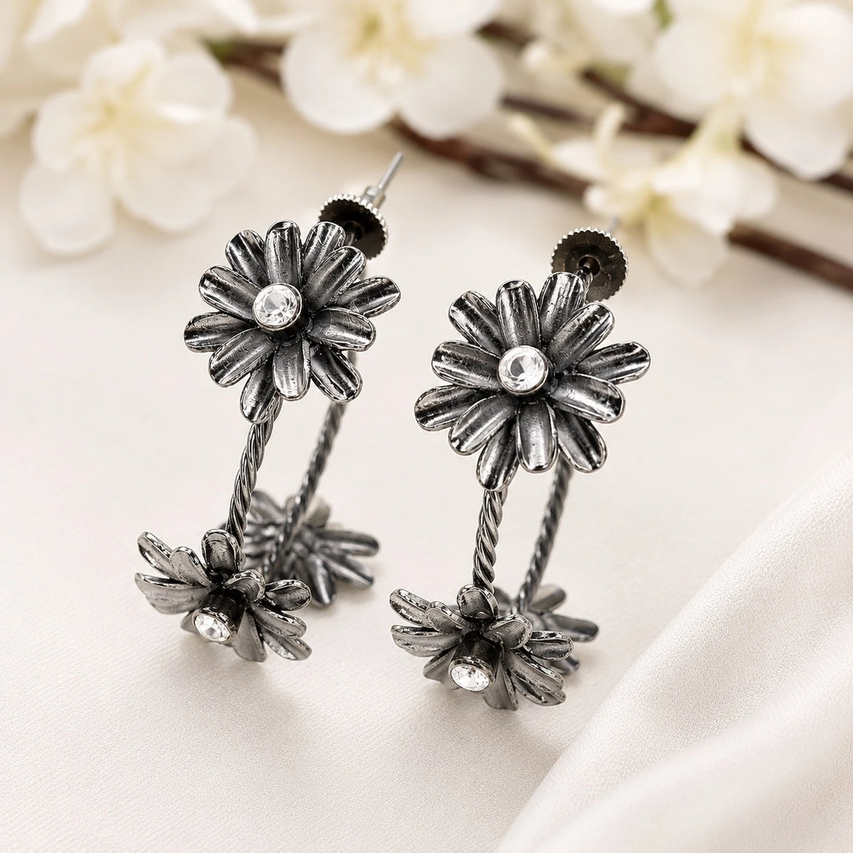 Oversized Flower Hoop Earrings- Black Polish