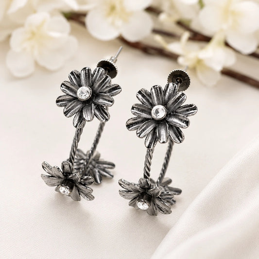 Oversized Flower Hoop Earrings- Black Polish