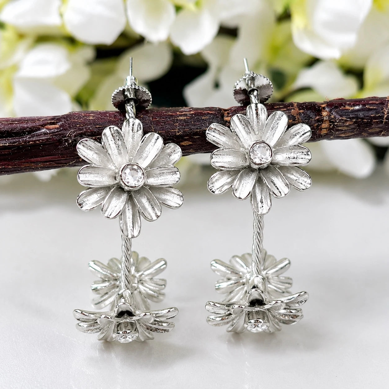 Oversized Flower Hoop Earrings- Silver Polish