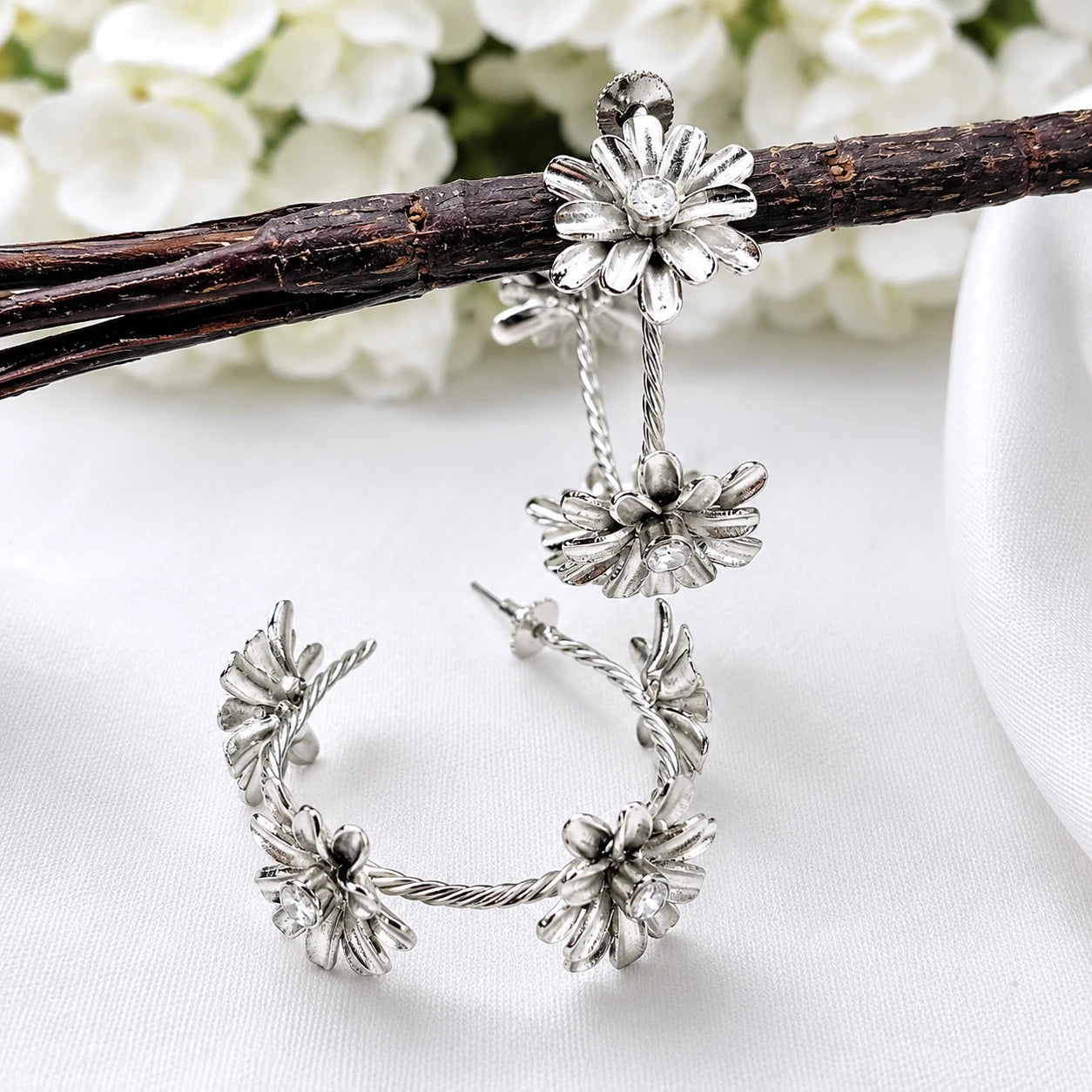 Oversized Flower Hoop Earrings- Silver Polish