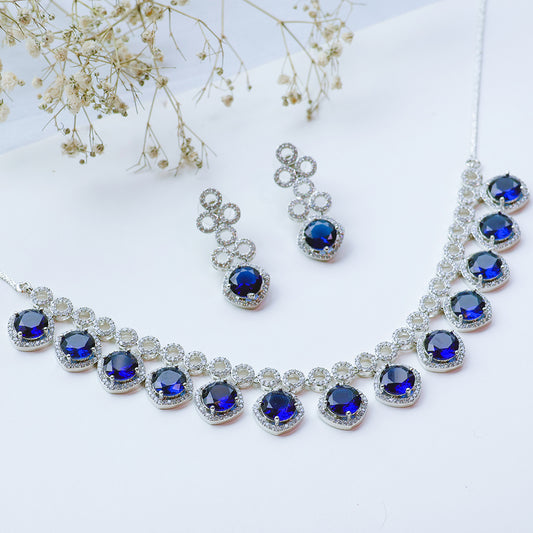 Classic Silver Tone Blue American Diamond Studded Set For Women