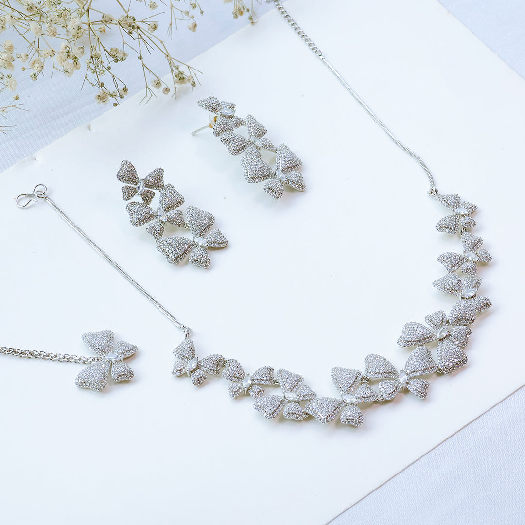 AMERICAN DIAMOND BUTTERFLY NECKLACE- Rhodium polish