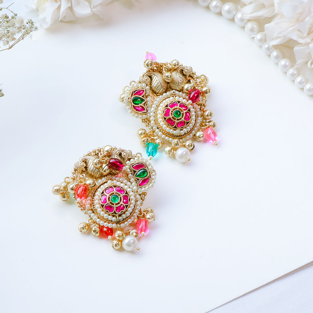 Handcrafted Multicolor Kundan Stud Earrings with Pearl Drops – Ethnic Festive Jewelry