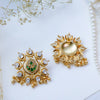 Gold-Plated Kundan Stud Earrings with Green Lotus Motif and Mirror Polki Stones – Ethnic Festive Jewelry