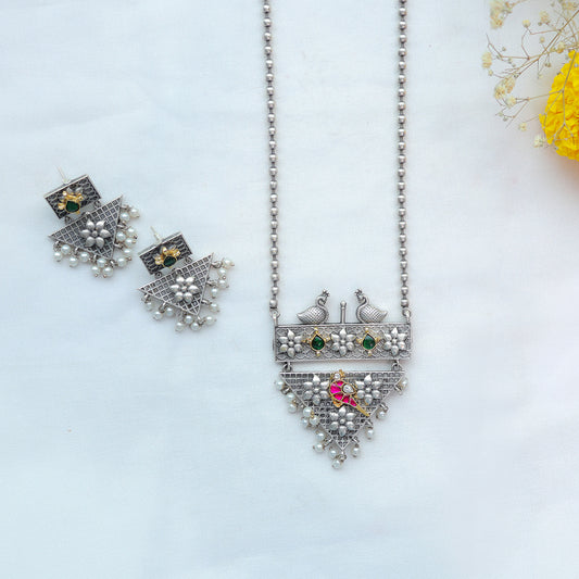 Peacock Motif Oxidized Silver Necklace