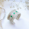 Oxidized Silver Kada with Green Kundan Stones & Pearl Detailing