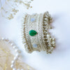 Oxidized Silver Kada with Green Teardrop Kundan & Pearl Beaded Border