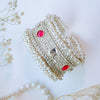 Oxidized Silver Pearl Kada with Red & White Kundan Stones