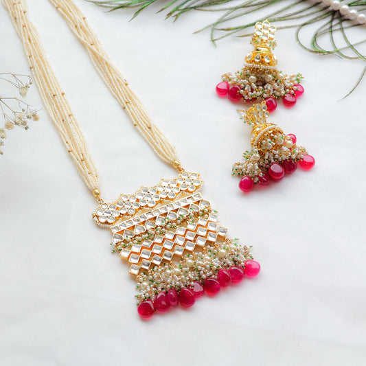Pearl Multi-Strand Paachi Kundan Necklace Set with Red Bead Drops – Bridal Jhumka Jewellery