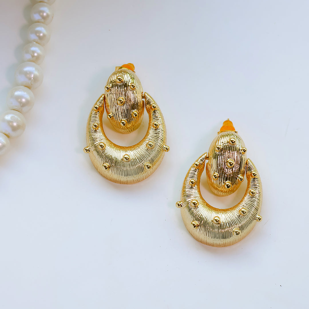 Rivet Pattern Stud Drop Earrings – Gold-Tone Statement Jewellery