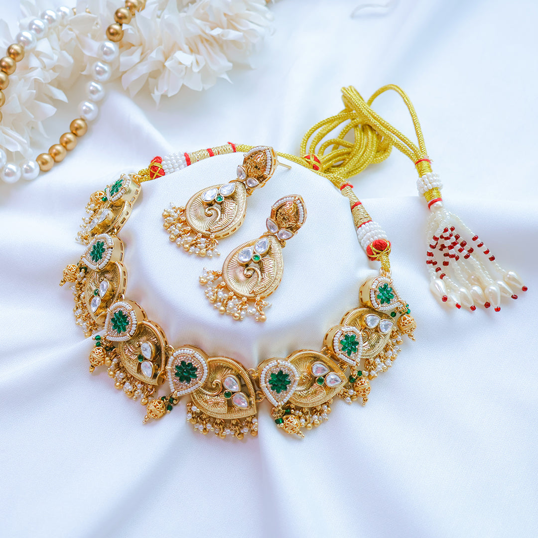 Emerald Green and Gold Kundan Rajwadi Choker Necklace Set with Earrings