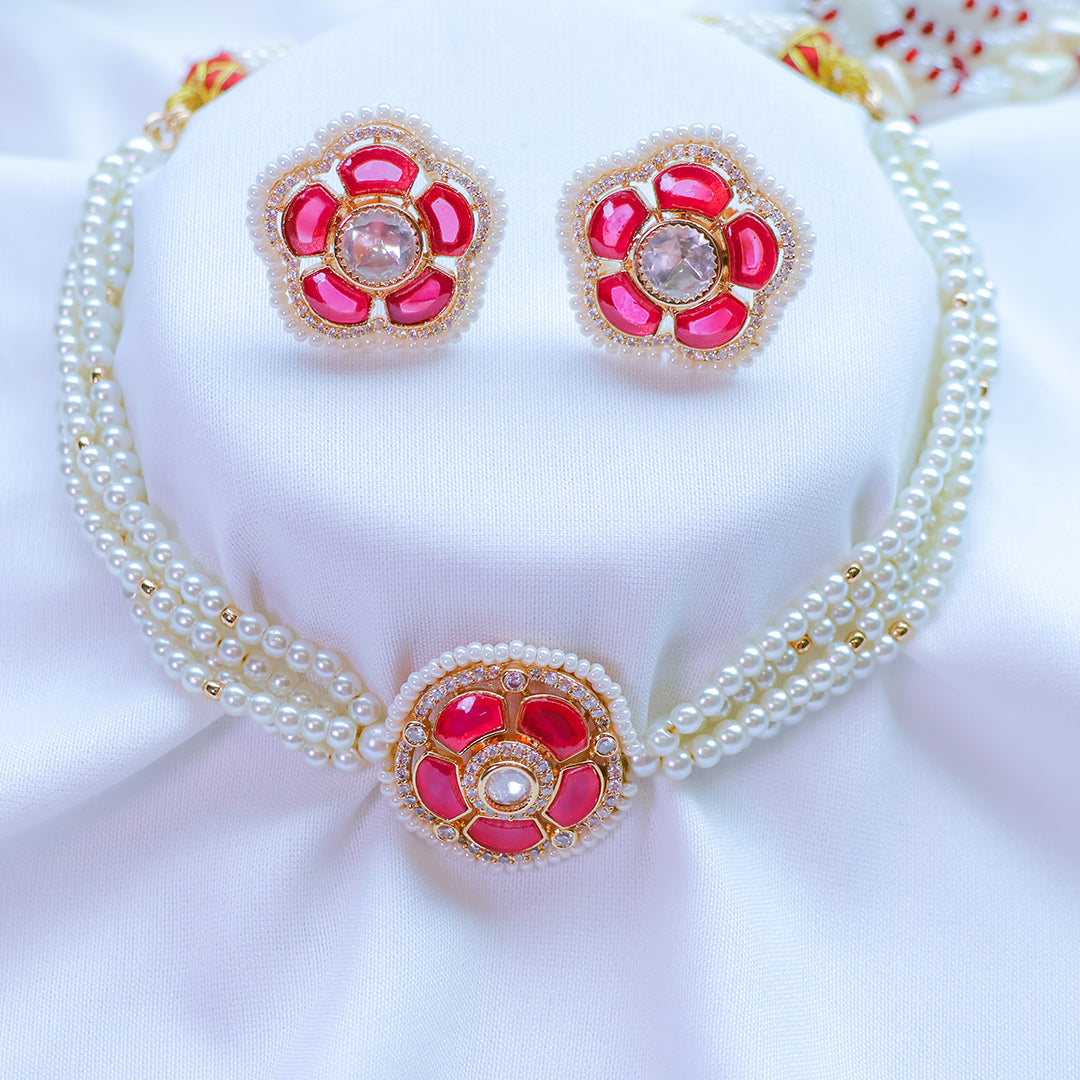 Floral Ruby Pearl Choker Necklace Set