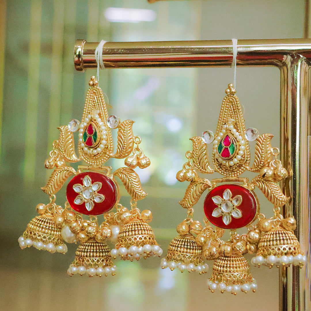 Royal Statement Gold Plated Kundan Jhumka Earrings