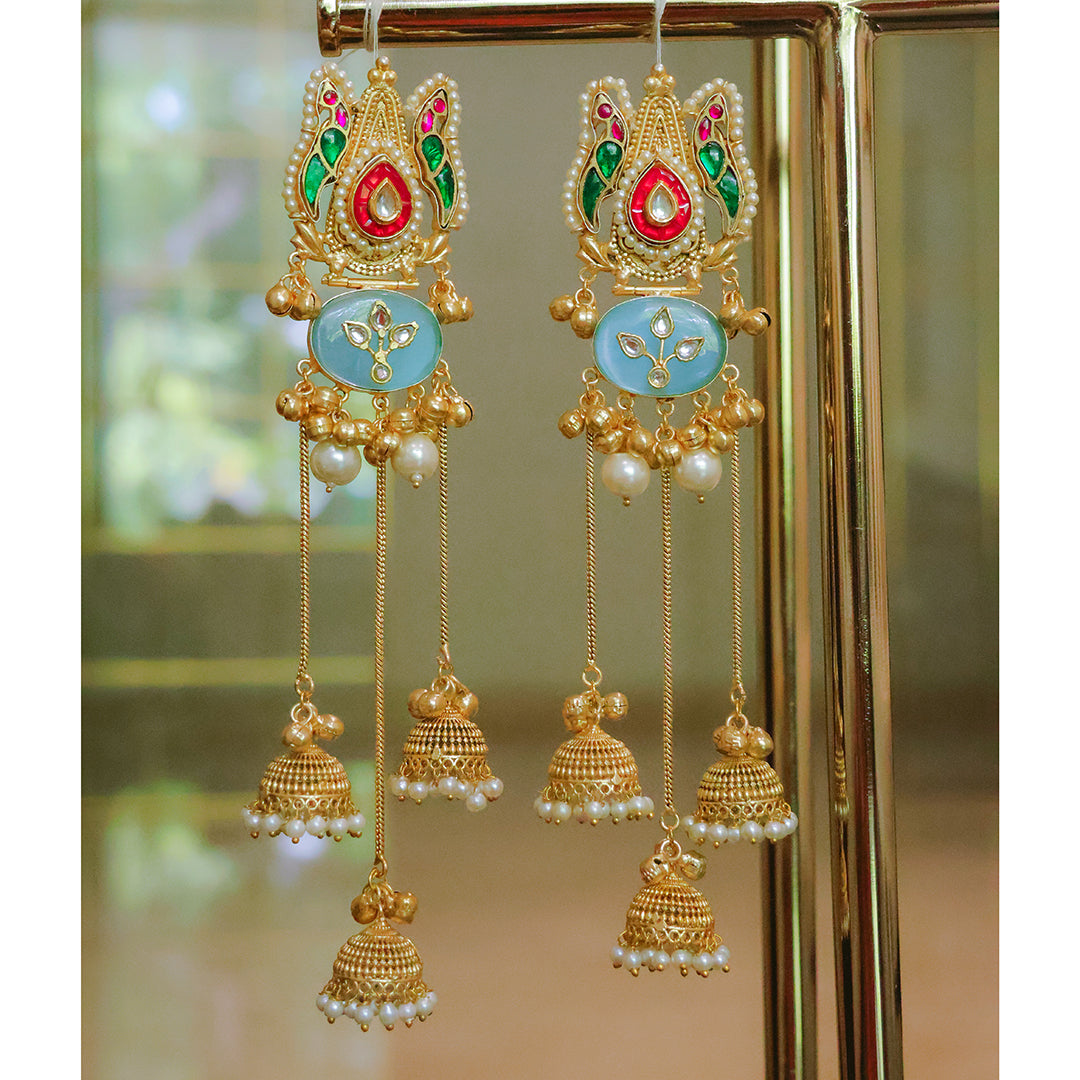 Peacock Motif Gold Plated Multi-Jhumka Earrings