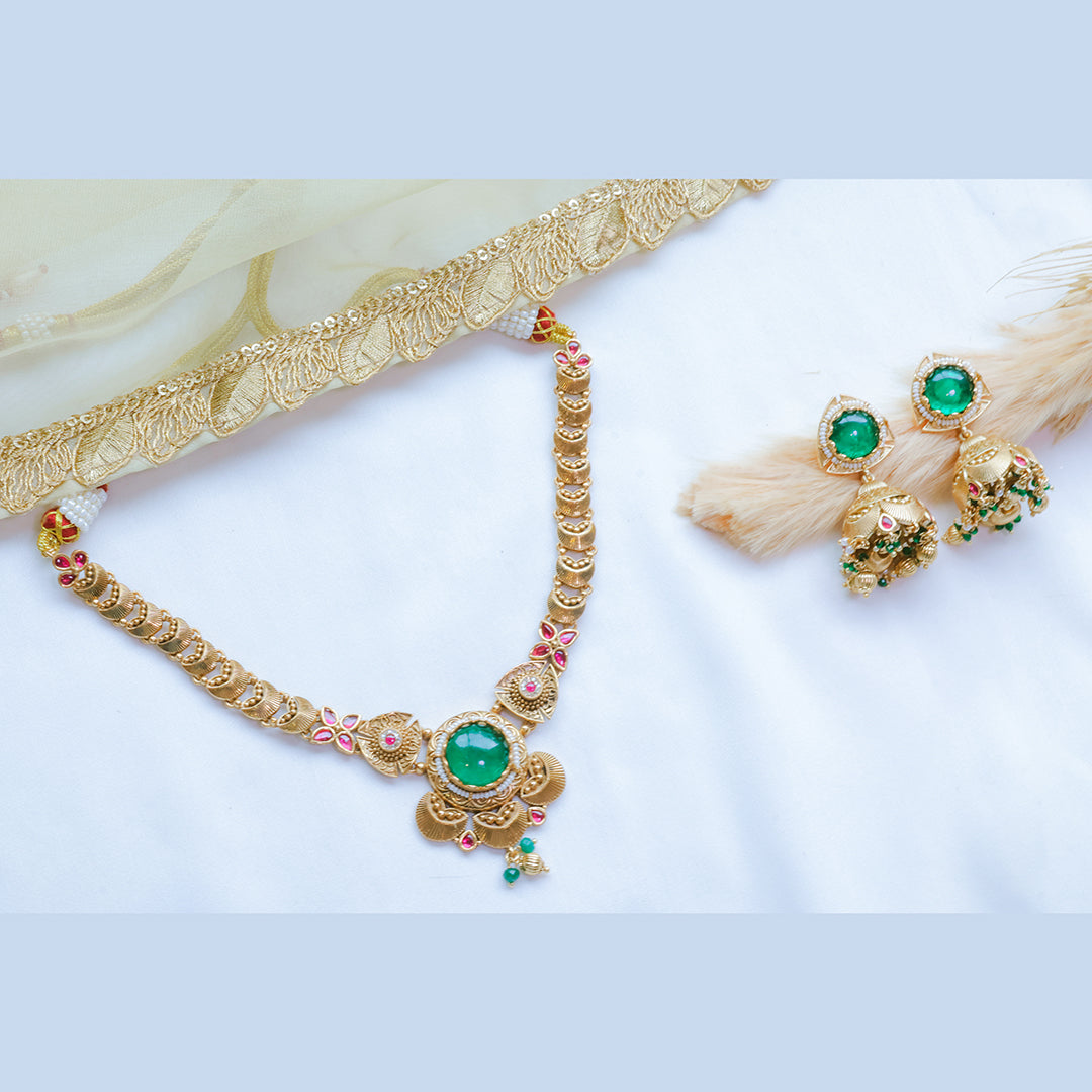 Antique Gold Necklace Set with Green Stone & Jhumka Earrings | Traditional Indian Jewelry
