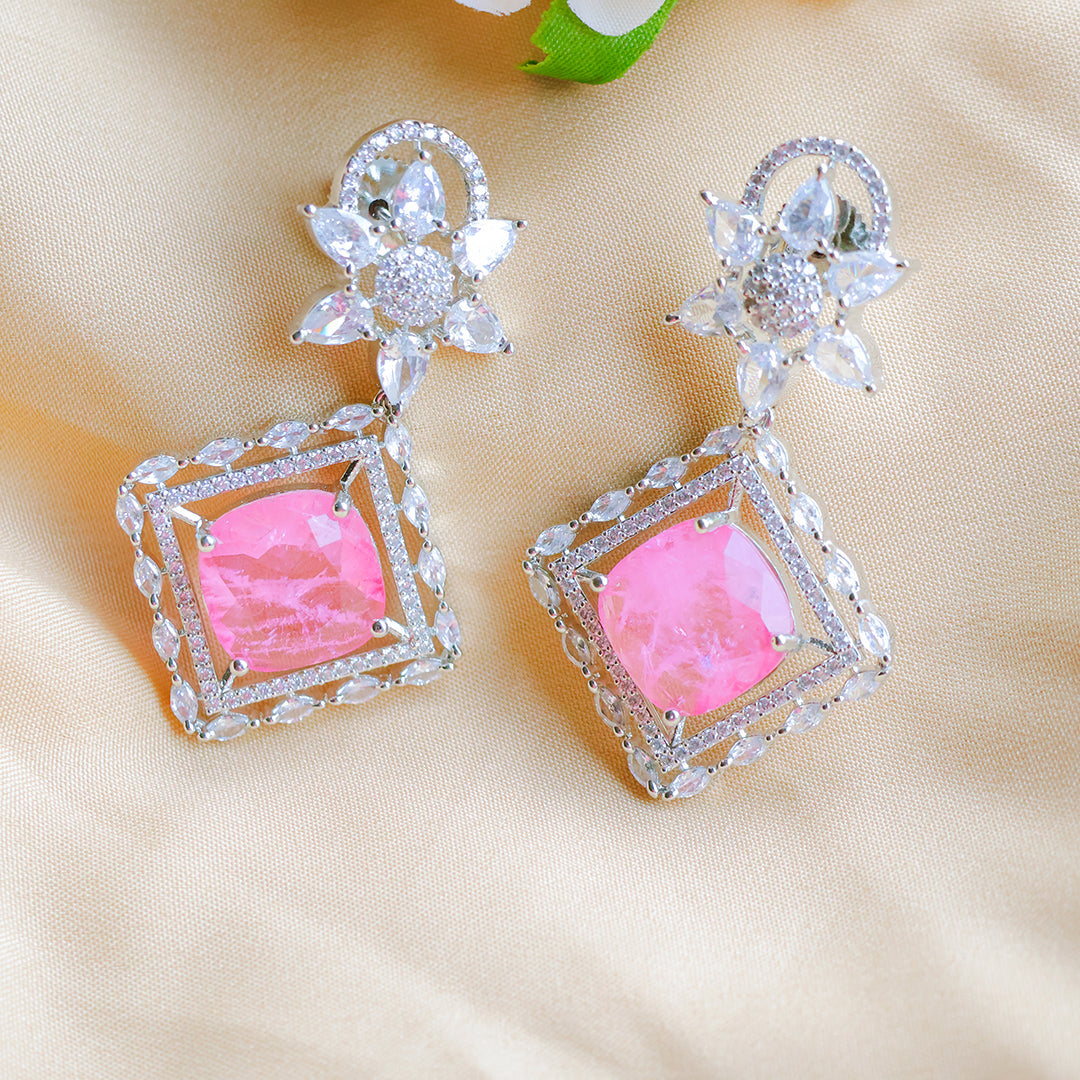 Sparkling American Diamond Drop Earrings - Floral Diamond Cut Design