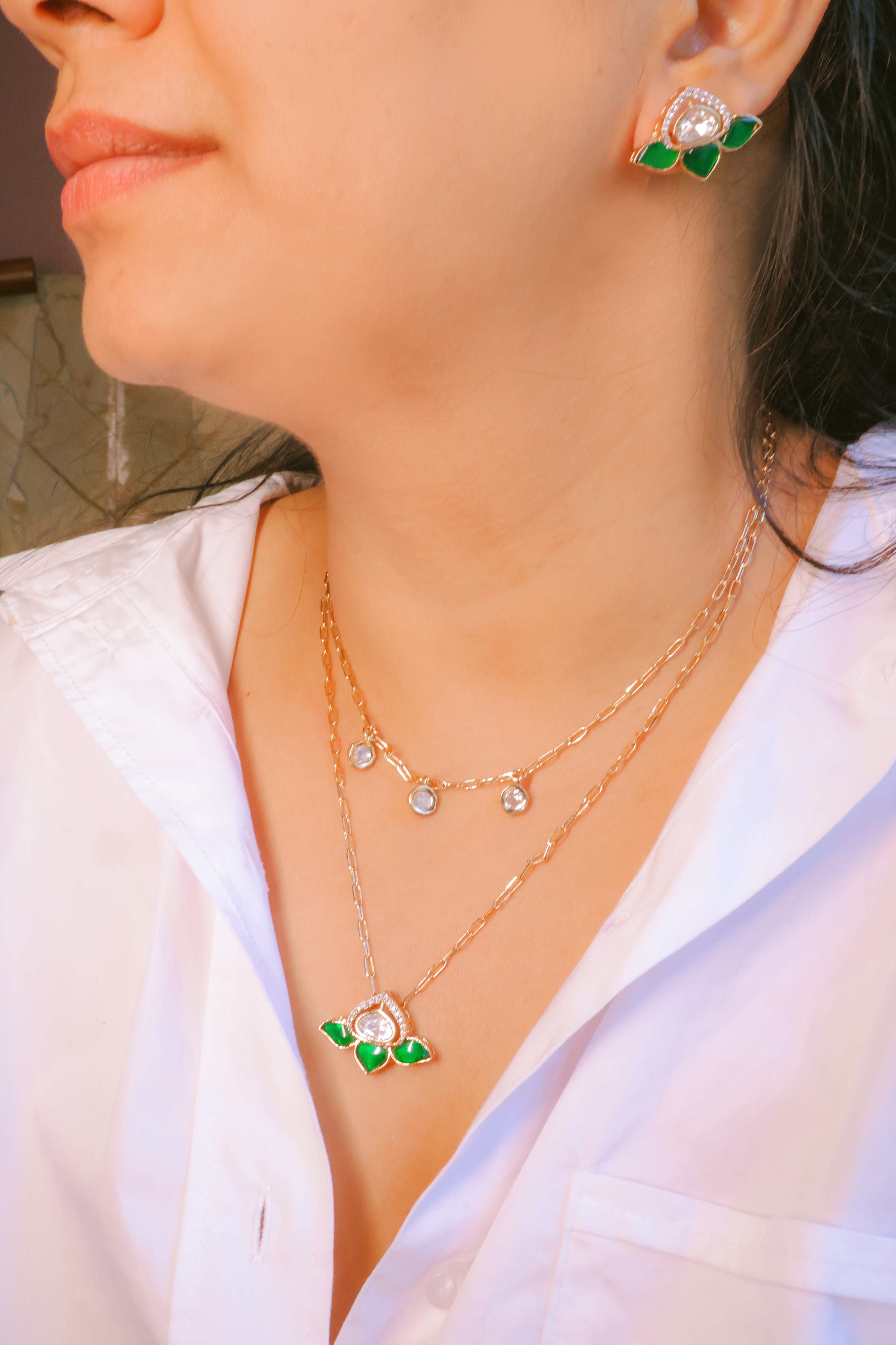 Lotus Motif Double Layer Mossainite Pendant Necklace Set