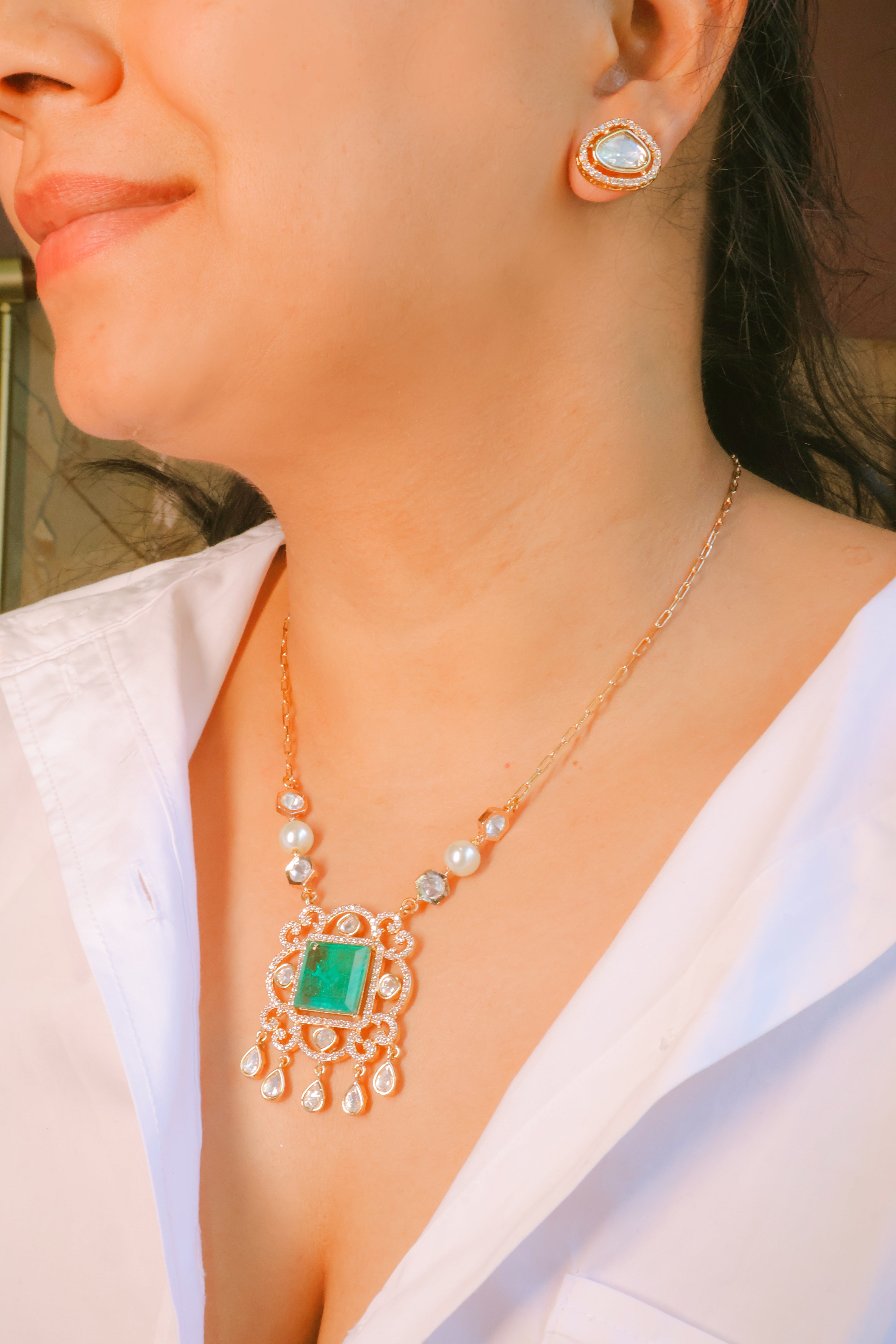 Emerald Doublet Stone Pendant Necklace Set With Matching Studs