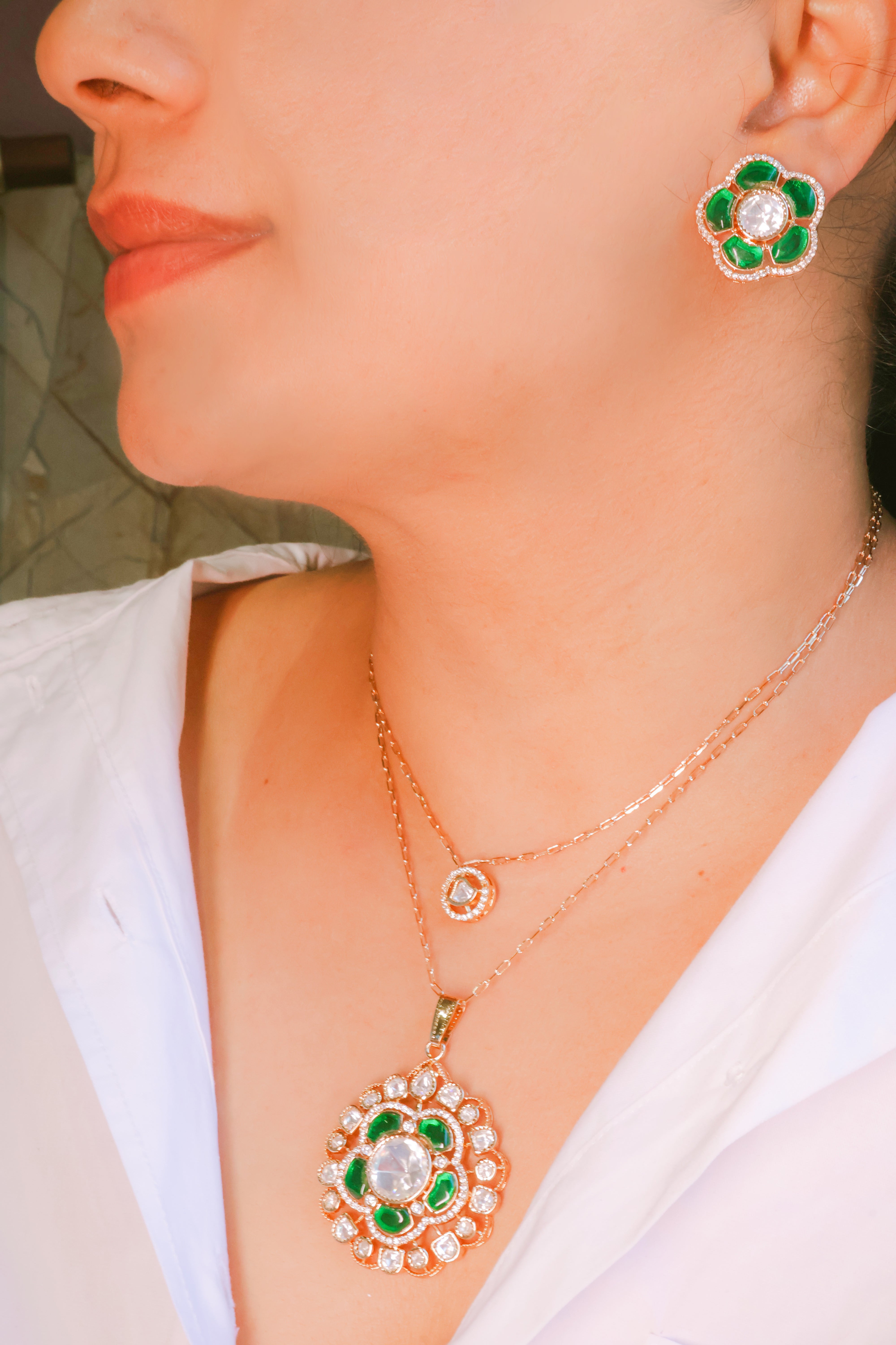 Emerald Mossainite Floral Double Layer Necklace & Earring Set