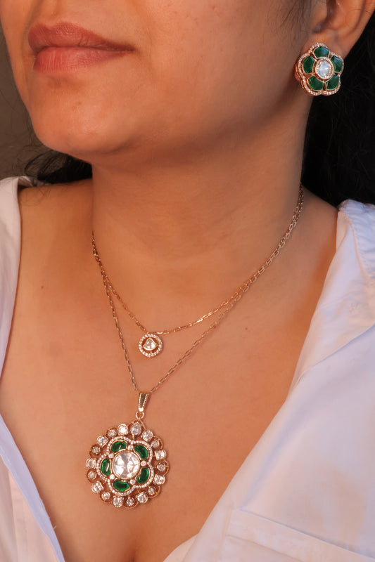Emerald Mossainite Floral Double Layer Necklace & Earring Set