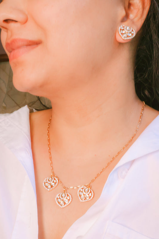 Dainty Heart Cluster Mossainite Necklace & Stud Earring Set |Rose Gold Plated