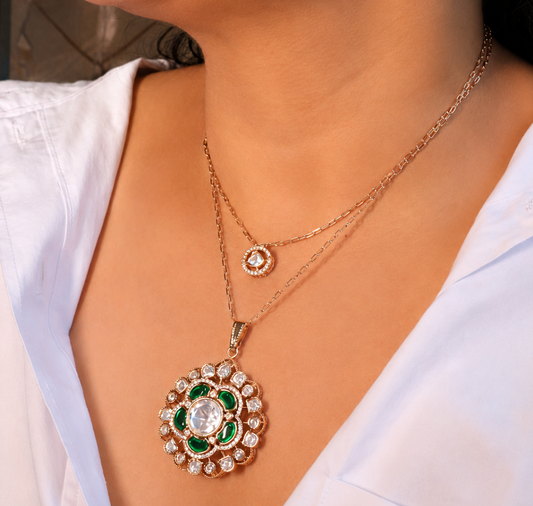 Emerald Mossainite Floral Double Layer Necklace & Earring Set