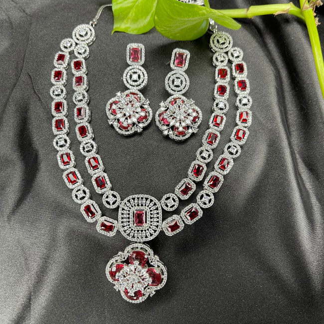 Hydro Red Double Layer American Diamond Necklace Set