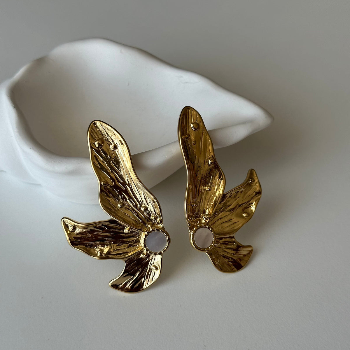 Abstract Gold Butterfly & Opal Wing Stud Earrings - Putstyle