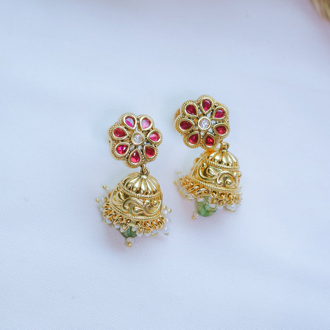Antique Floral Necklace Set with Jhumka Earrings | Traditional Jewelry - Putstyle
