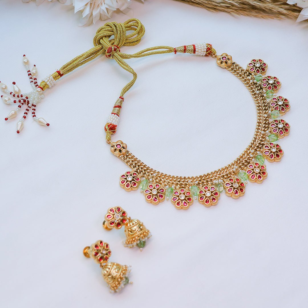 Antique Floral Necklace Set with Jhumka Earrings | Traditional Jewelry - Putstyle
