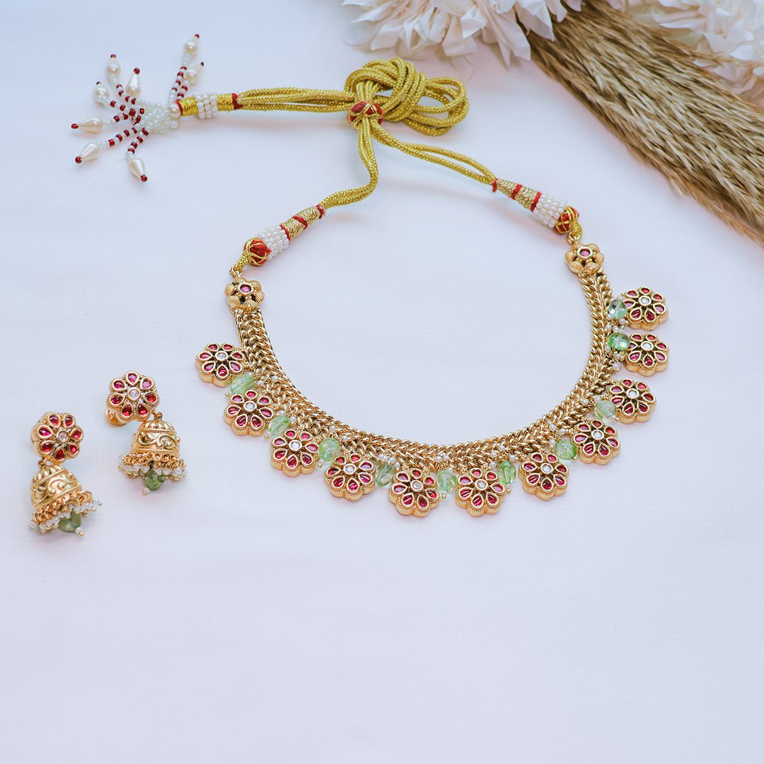 Antique Floral Necklace Set with Jhumka Earrings | Traditional Jewelry - Putstyle