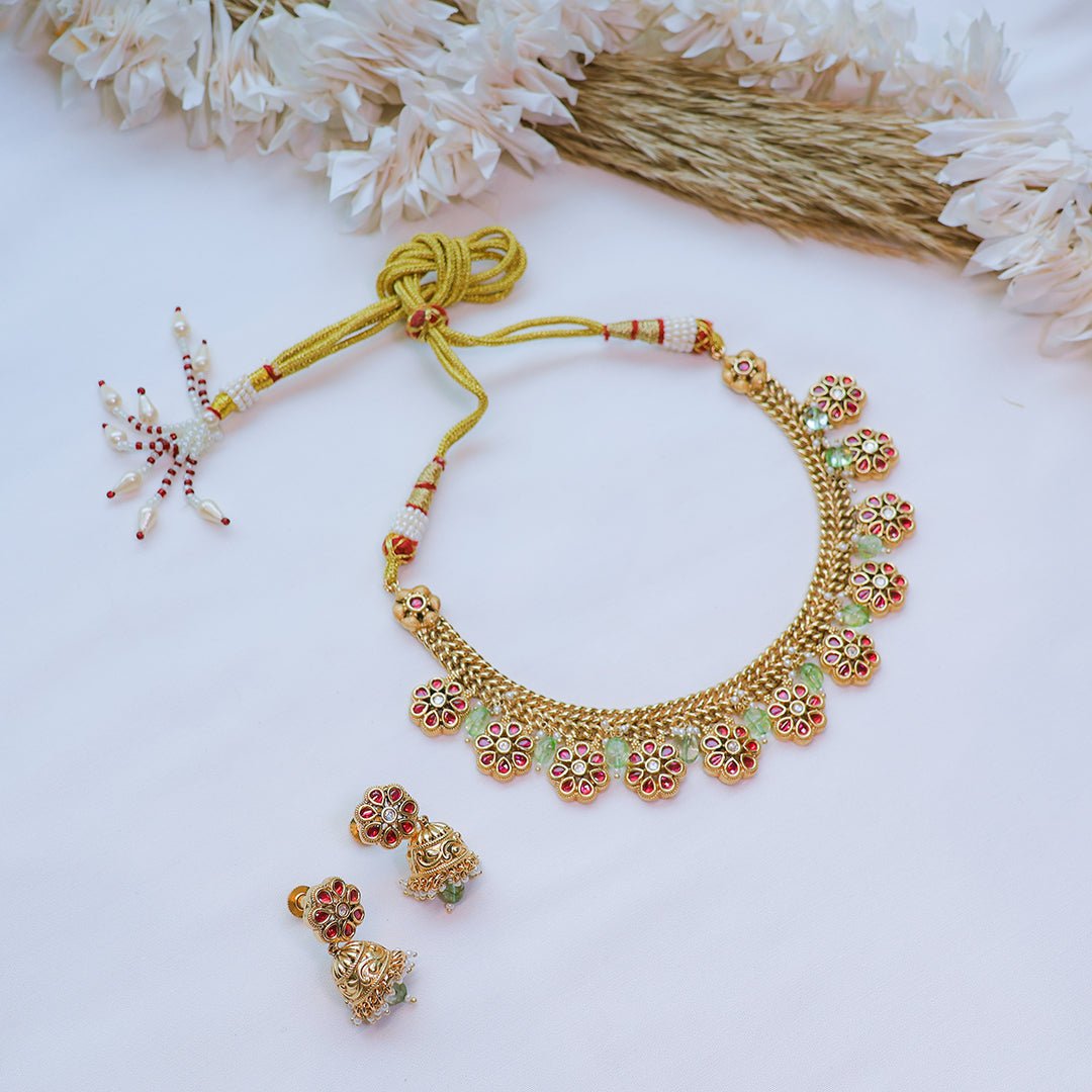 Antique Floral Necklace Set with Jhumka Earrings | Traditional Jewelry - Putstyle
