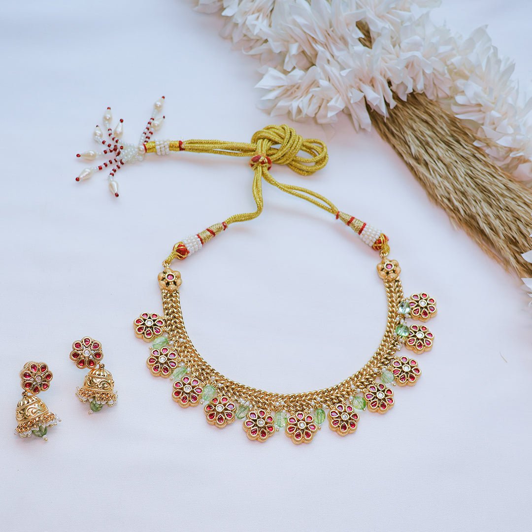 Antique Floral Necklace Set with Jhumka Earrings | Traditional Jewelry - Putstyle