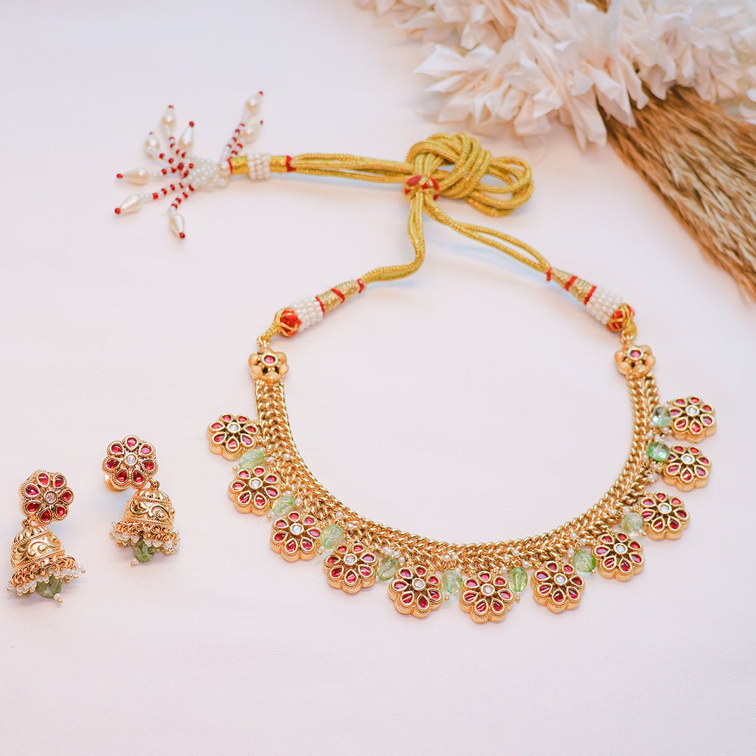 Antique Floral Necklace Set with Jhumka Earrings | Traditional Jewelry - Putstyle