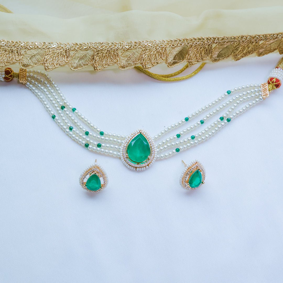 Doublet Stone Pearl Necklace Set with Earrings - Putstyle