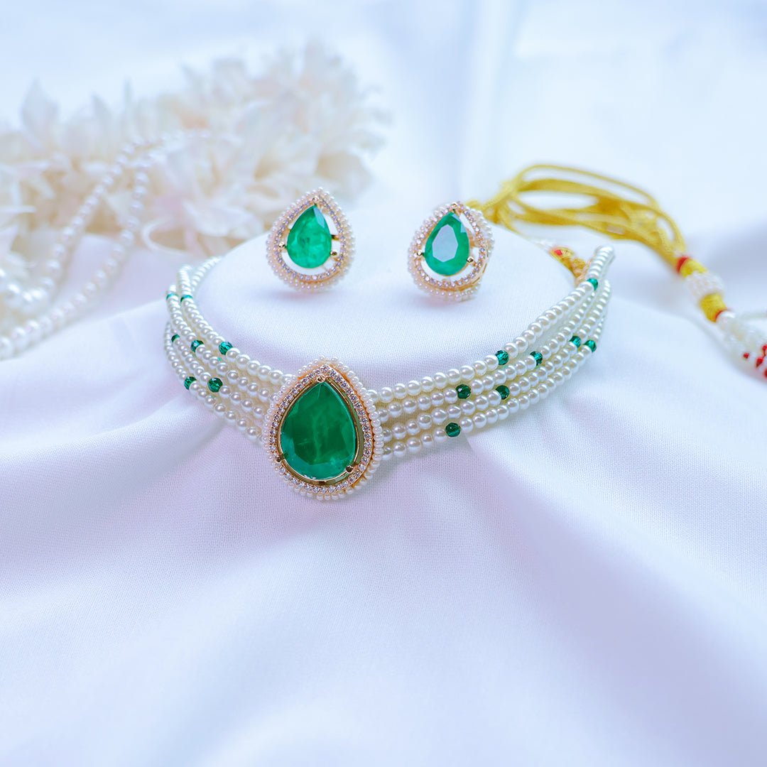 Doublet Stone Pearl Necklace Set with Earrings - Putstyle