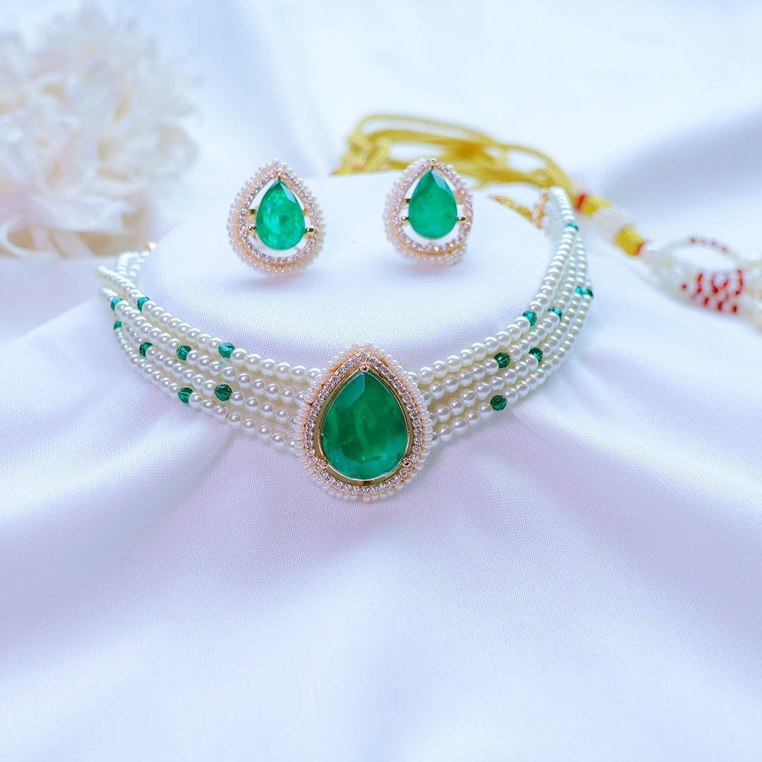 Doublet Stone Pearl Necklace Set with Earrings - Putstyle