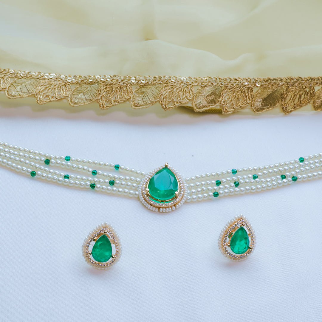 Doublet Stone Pearl Necklace Set with Earrings - Putstyle