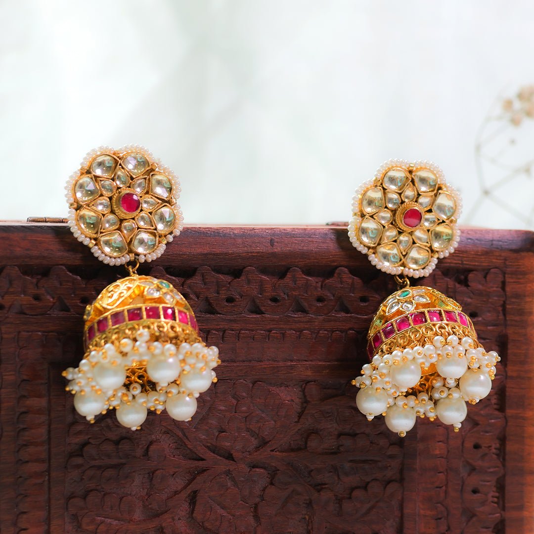 Gold-Plated Kundan Pearl Jhumka Earrings - Putstyle