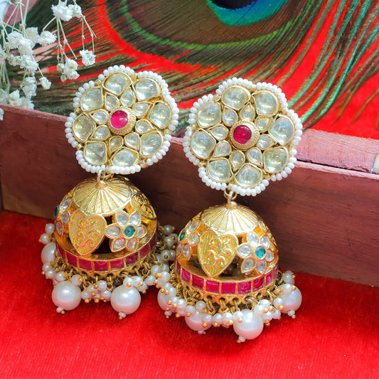 Gold-Plated Kundan Pearl Jhumka Earrings - Putstyle