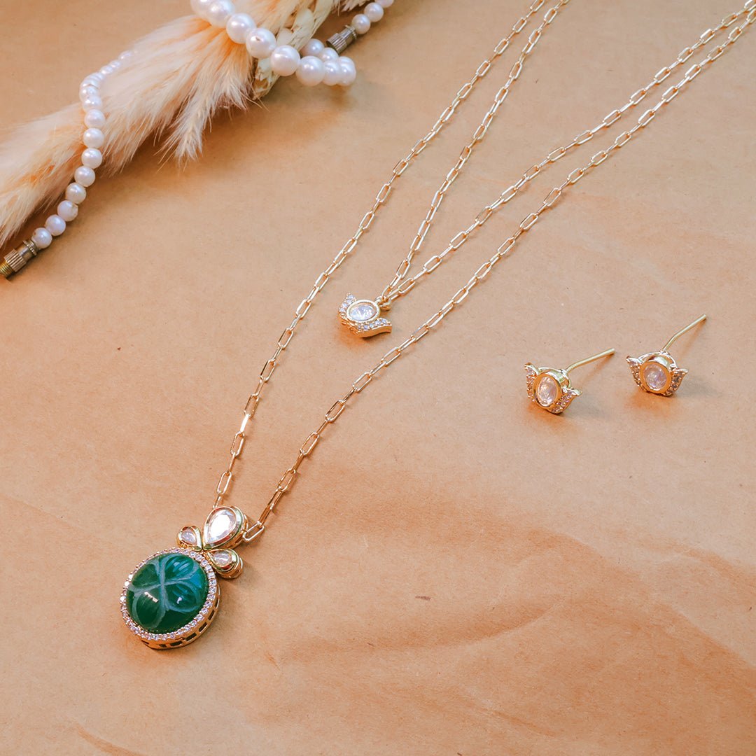 Green Carved Stone Double Layer Pendant Set with Earrings | Designer Party Wear Jewelry - Putstyle
