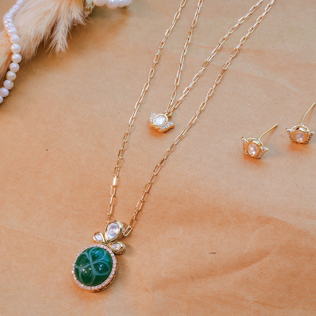 Green Carved Stone Double Layer Pendant Set with Earrings | Designer Party Wear Jewelry - Putstyle