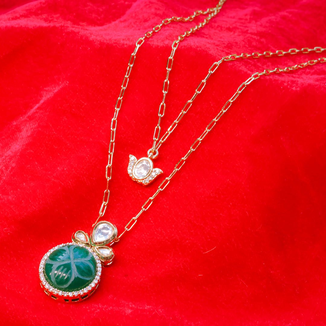 Green Carved Stone Double Layer Pendant Set with Earrings | Designer Party Wear Jewelry - Putstyle