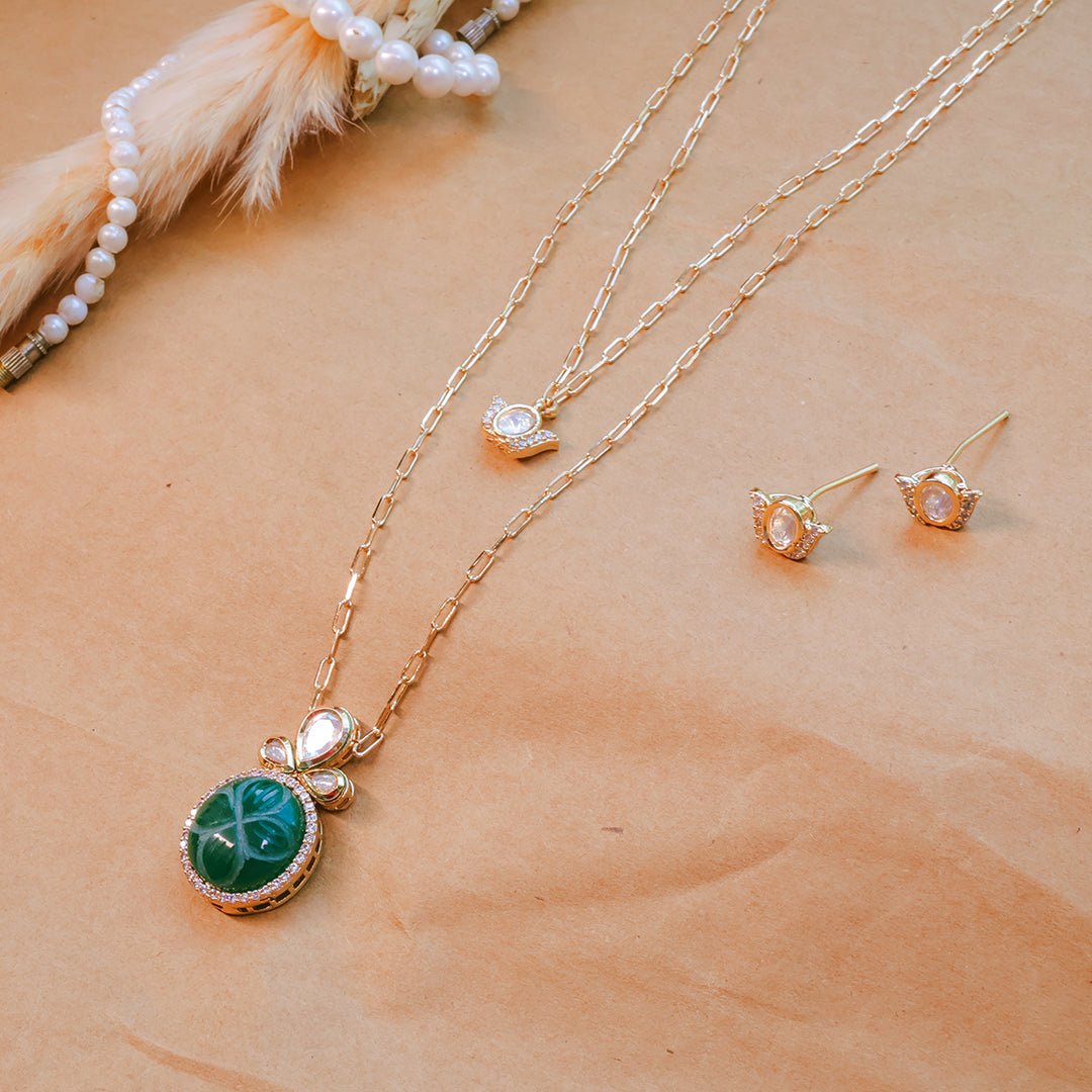 Green Carved Stone Double Layer Pendant Set with Earrings | Designer Party Wear Jewelry - Putstyle