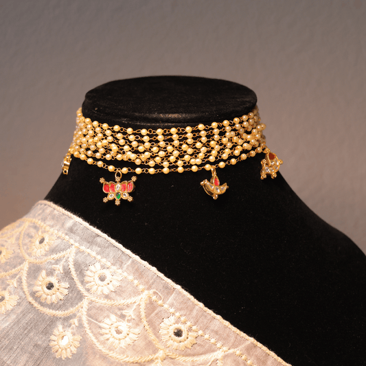 Handcrafted 5-Layer Pearl Choker Necklace with Kundan Charms - Putstyle
