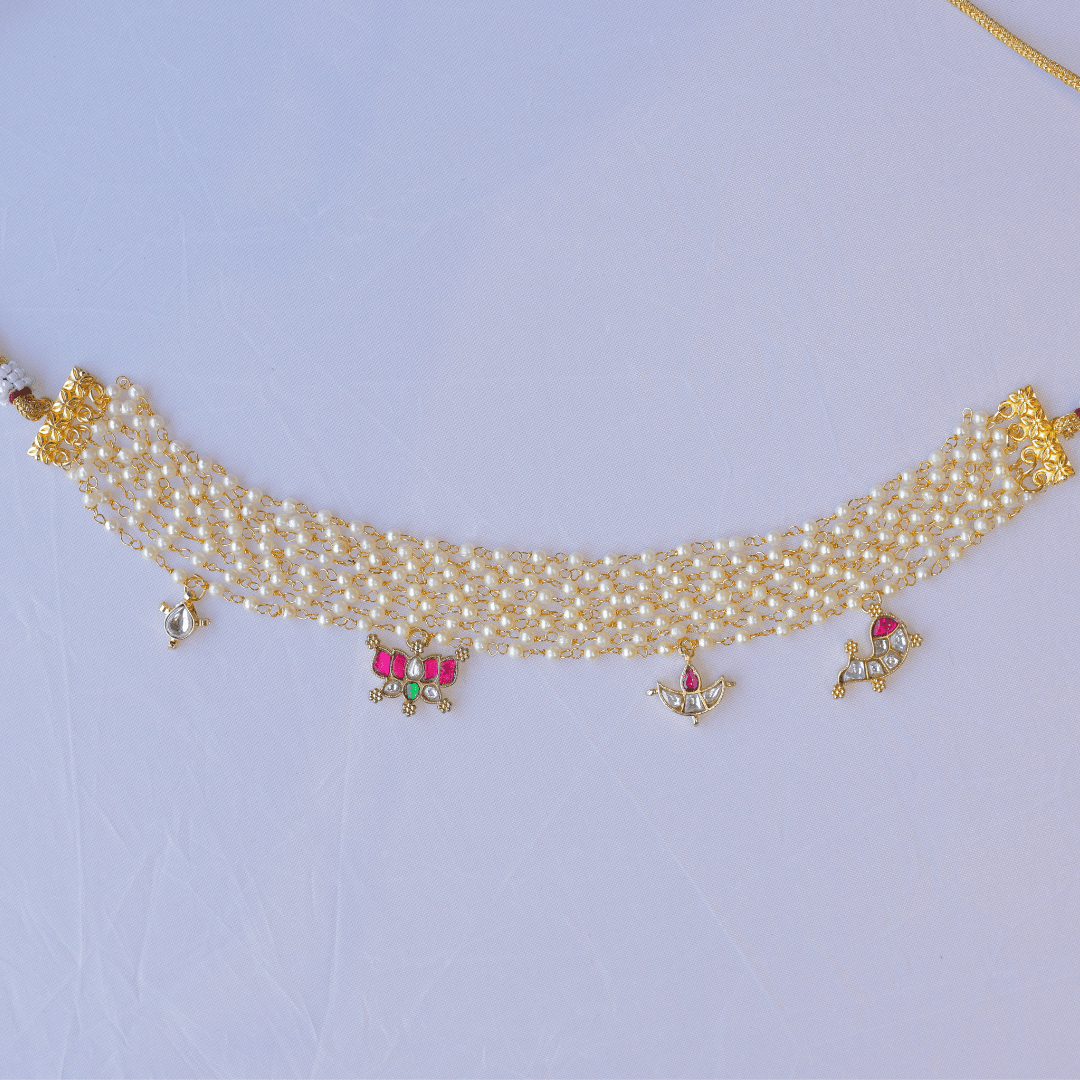Handcrafted 5-Layer Pearl Choker Necklace with Kundan Charms - Putstyle