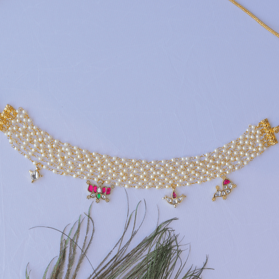 Handcrafted 5-Layer Pearl Choker Necklace with Kundan Charms - Putstyle