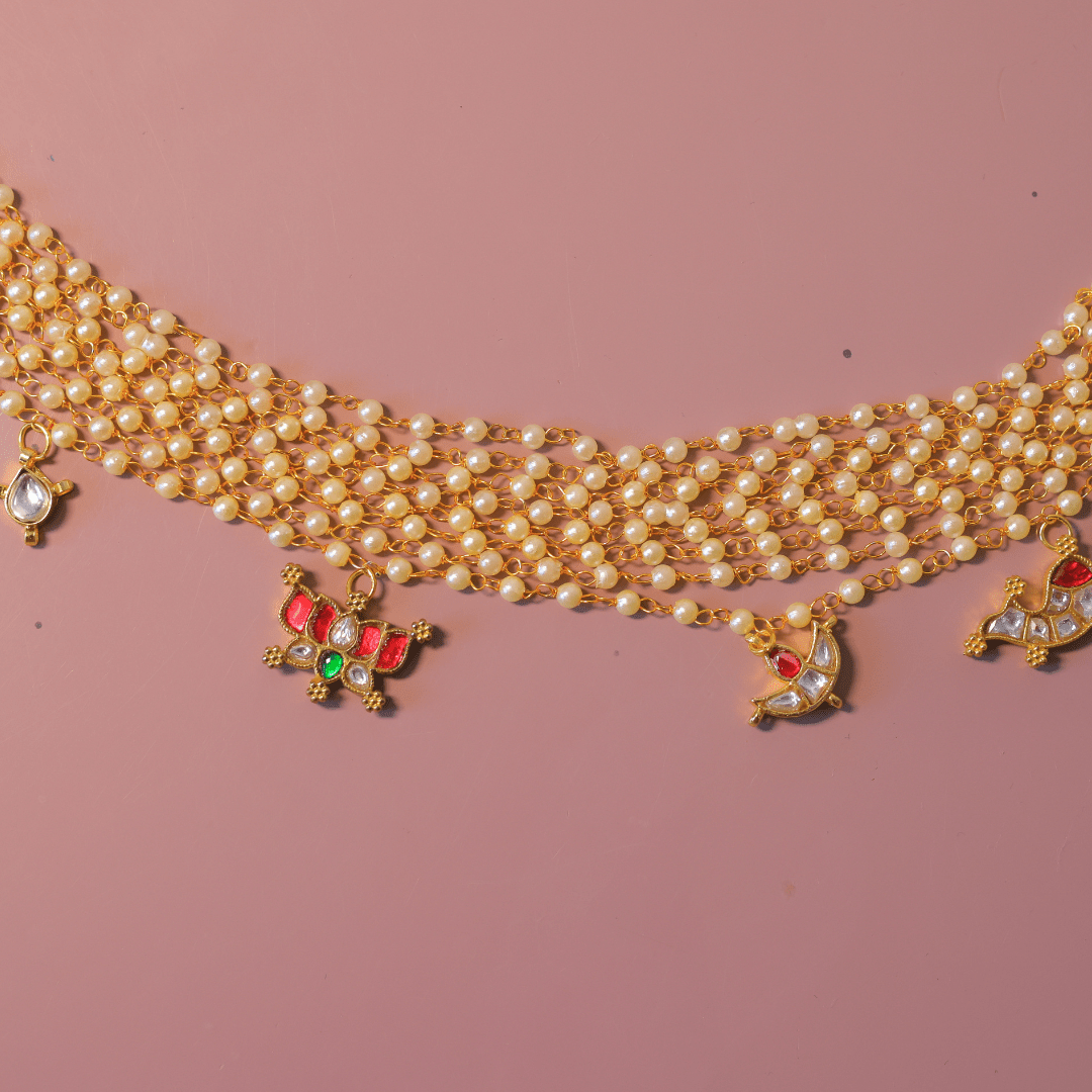 Handcrafted 5-Layer Pearl Choker Necklace with Kundan Charms - Putstyle